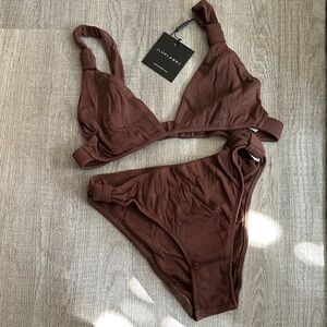 JLUXLABEL Brown Ribbed Triangle Bikini Set